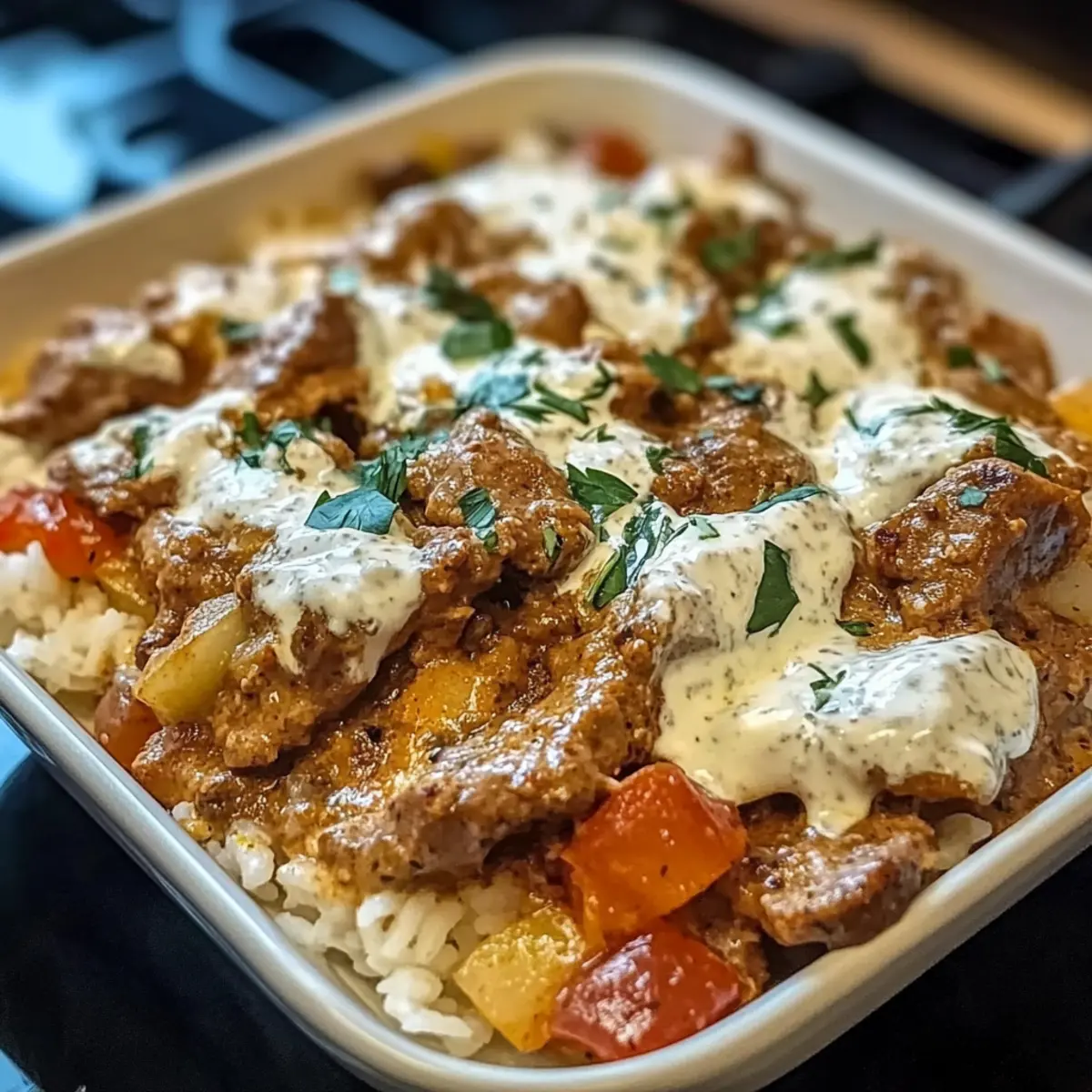 Gyrosstreifen in Schmandsoße mit Reis genießen